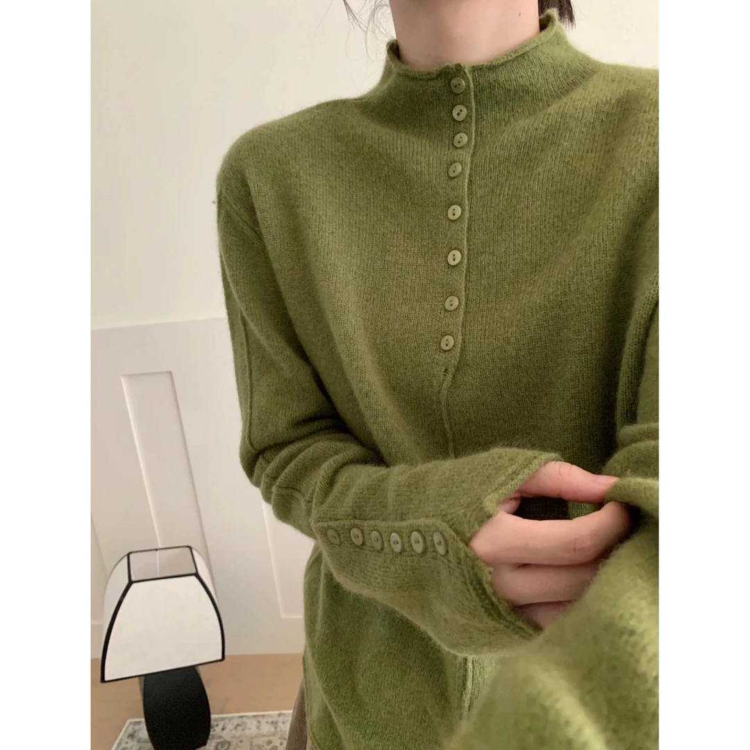 3634【卷边立领钉扣打底毛衣】秋冬新款韩版ins风百搭上衣