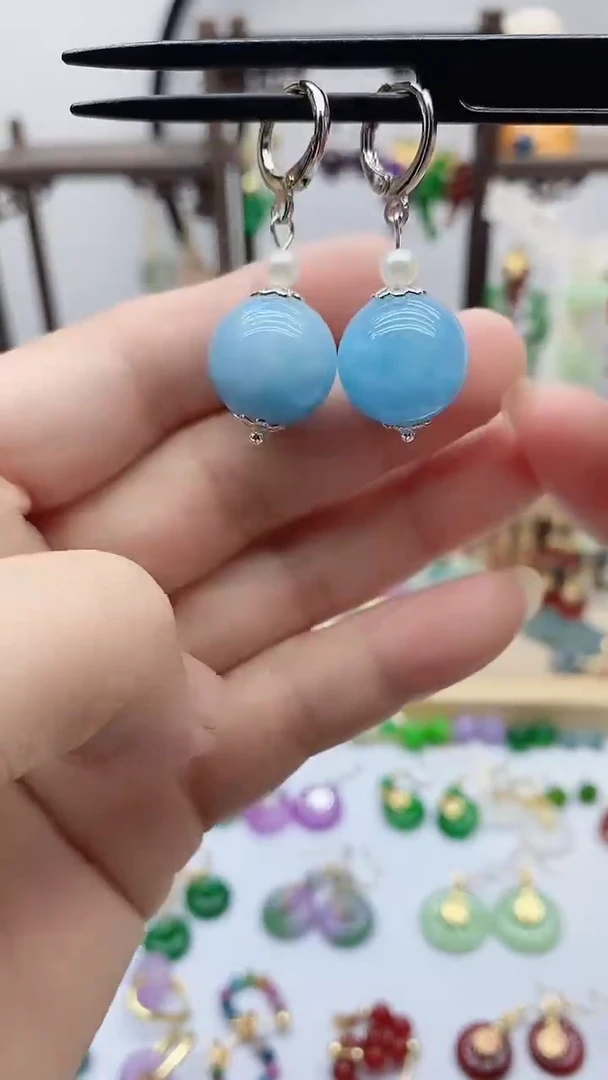 银S925镶嵌耳饰海蓝宝石195