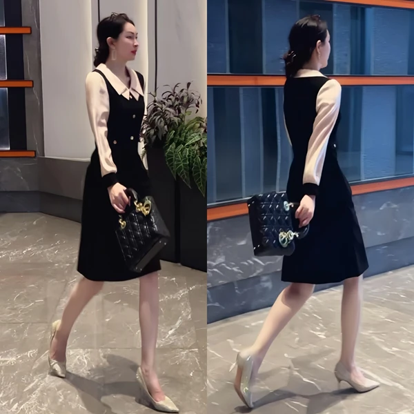 百花果2026春季大码女装假两件长袖雪纺连衣裙弹力显瘦带口袋拉链