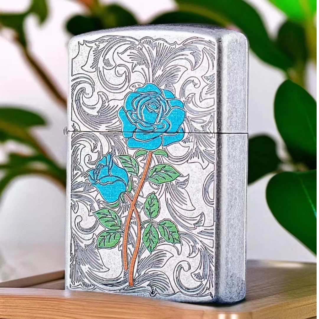 ZORRO佐罗煤油打火机古银蓝玫瑰男士礼品送礼防风打火机