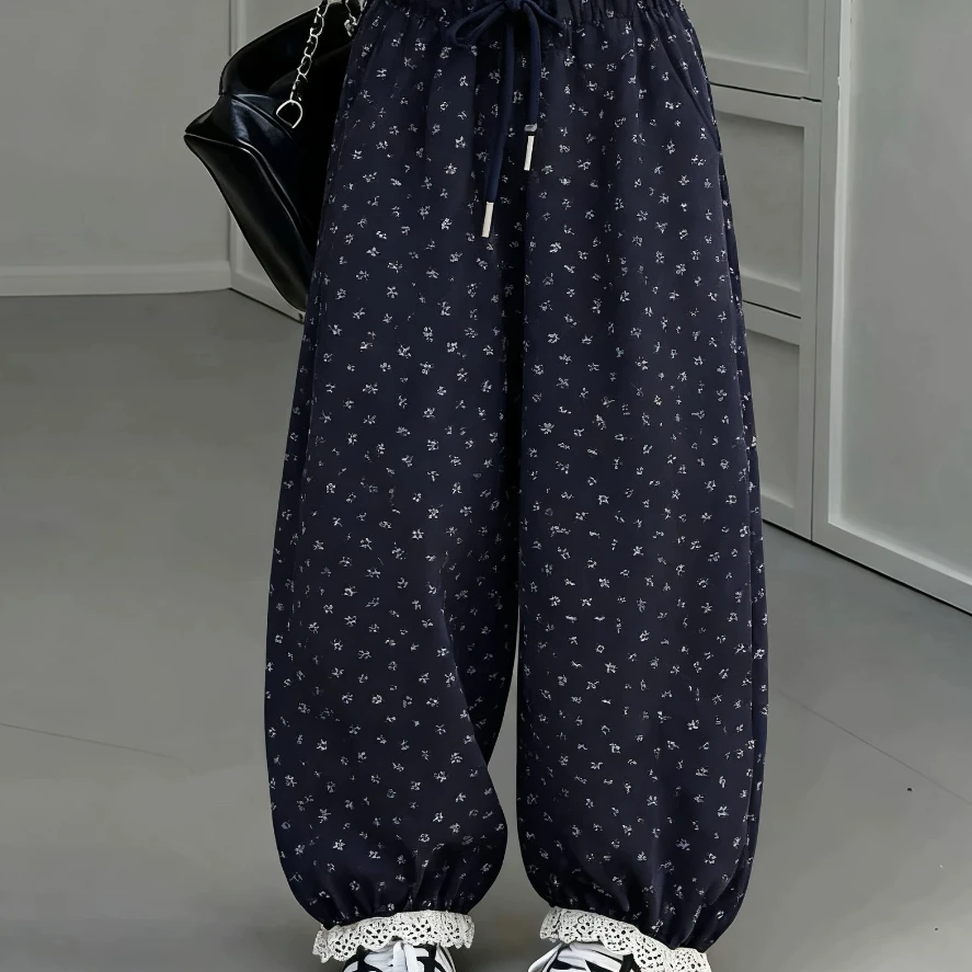 长裤裤子四季通用印花休闲裤秋季抽绳女时尚冬季