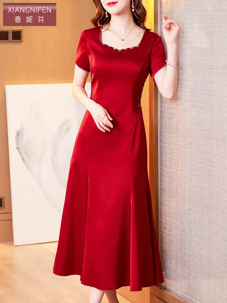 喜妈妈短袖醋酸长旗袍中国风夏季中式修身婚礼显瘦冰冰凉凉气质款