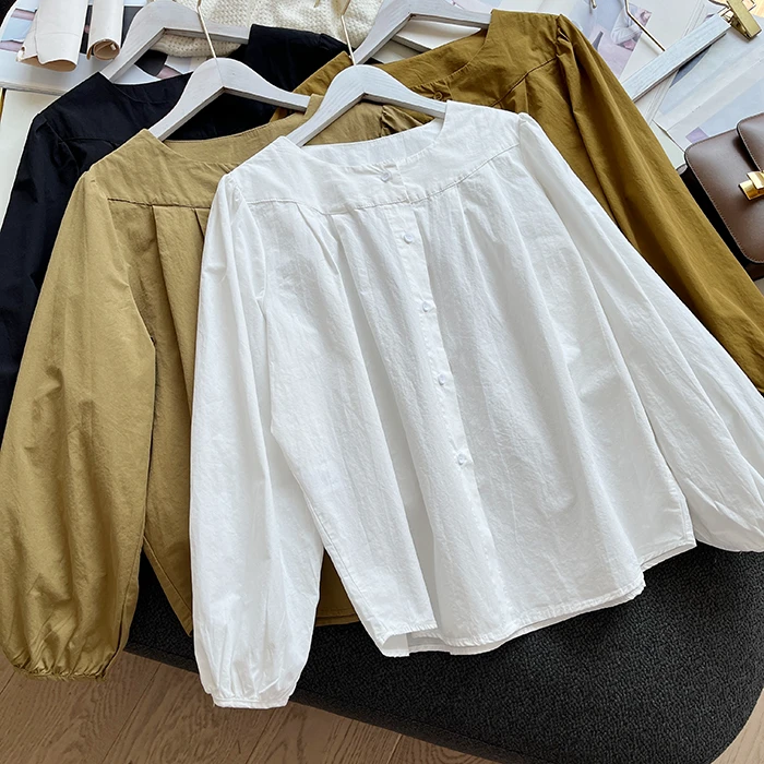 原版泡泡袖衬衫女春秋新款宽松大码显瘦圆领设计感九分袖纯棉上衣