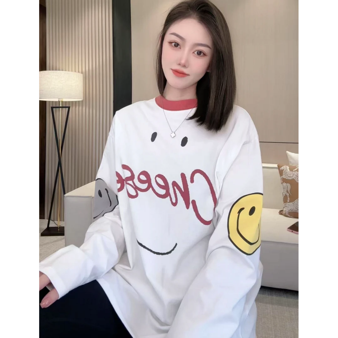 【AILIN】微笑 2025新款长袖时尚休闲百搭宽松印花圆领秋季T恤