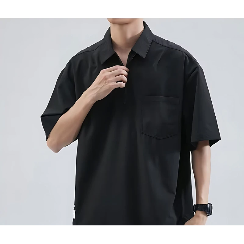 潮流半拉链olo衫男夏季薄款宽松大码山系休闲短袖BQ简约时尚透气