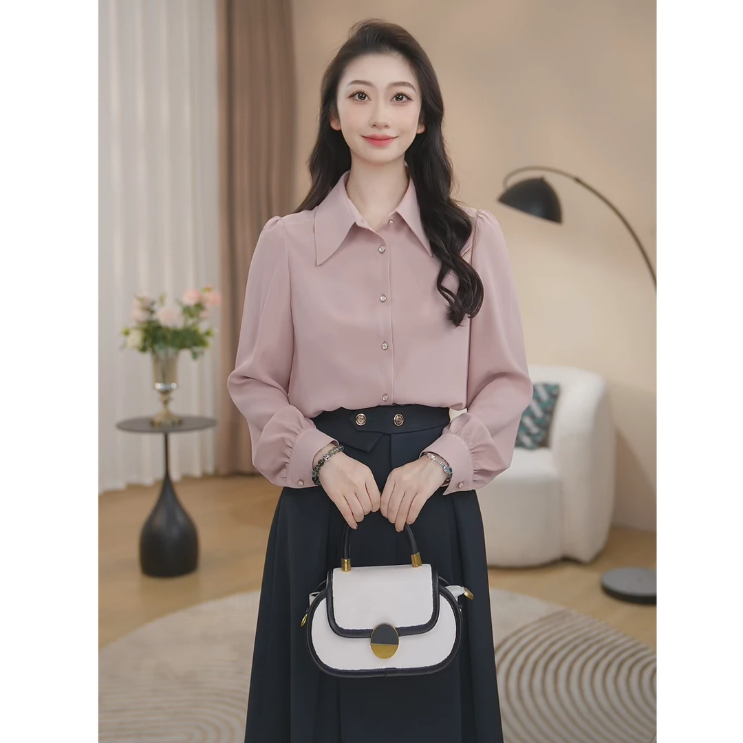 【曼贝】秋季气质女士粉色爆款上衣百搭时尚长袖衬衫8593371【甜甜】