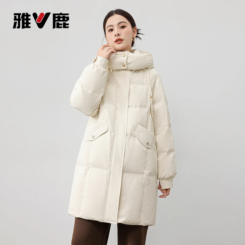 雅鹿时尚多巴胺粉女款中长冬季连帽宽松纯色百搭防风保暖