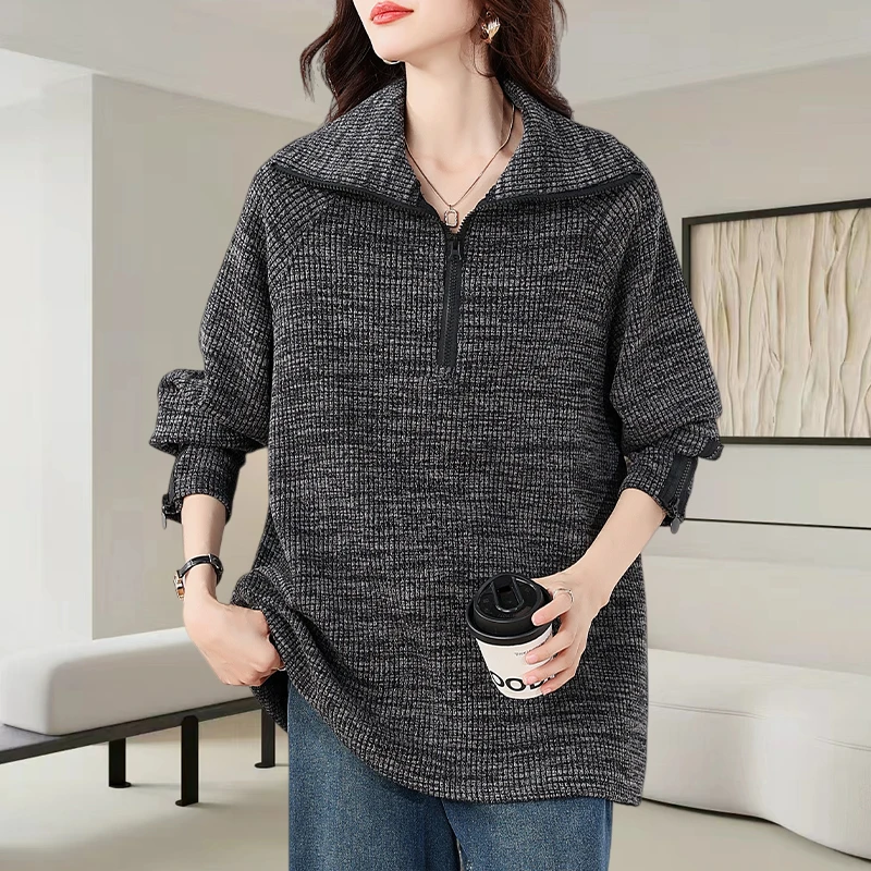 灰色半拉链高领毛衣女2025秋冬新款时尚宽松显瘦设计感针织衫上衣