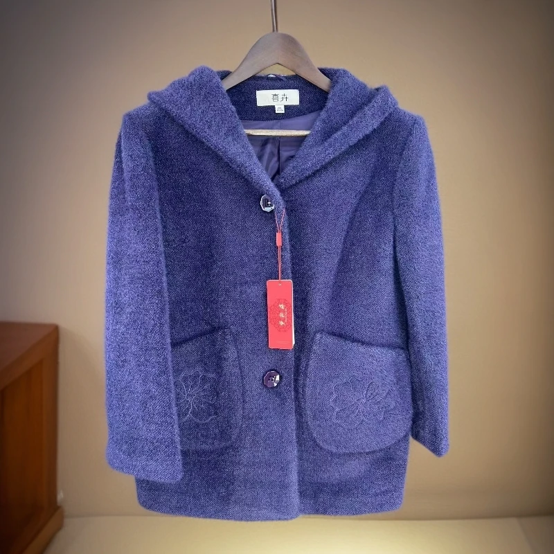 2968紫色连帽大衣中长款加绒紫色女士大衣中老年女装连帽加厚