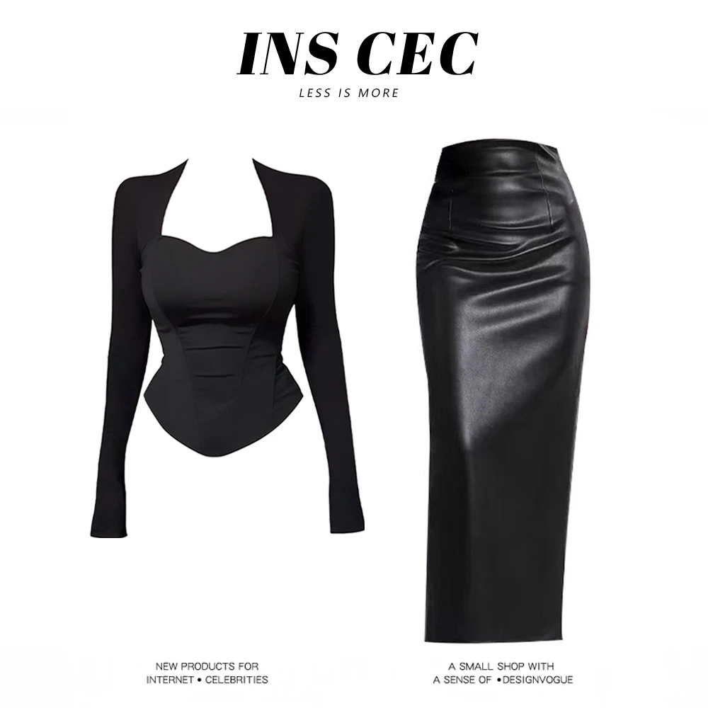 parkyeon韩系辣妹纯欲风方领鱼骨坎肩长袖上衣包臀半身裙套装