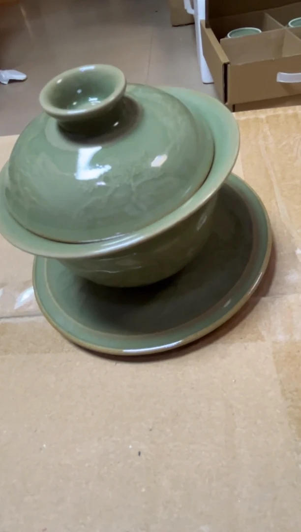 陶瓷耀州窑秘色溪山胜景三才盖碗特价一套