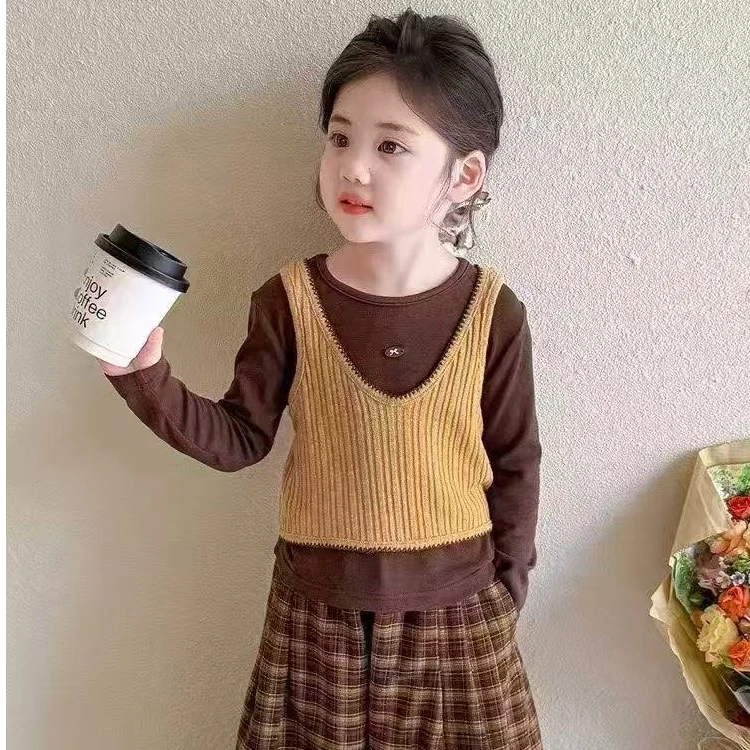秋季女套头小童法式套装千金风针织格子假两件少女风