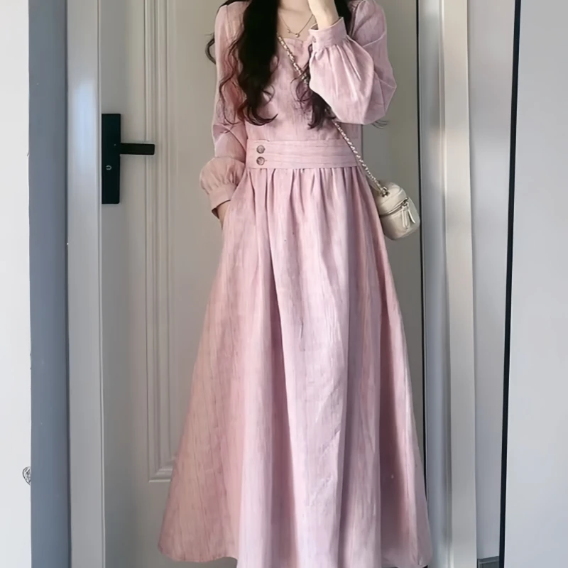 韩系多巴胺温柔风粉色连衣裙早秋新款森系收腰显瘦减龄甜美风裙子