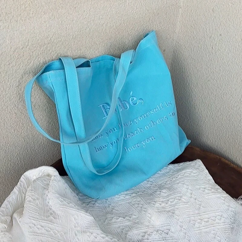 韩风ins学生大容量刺绣英文字母单肩日系上班帆布包托特女布袋