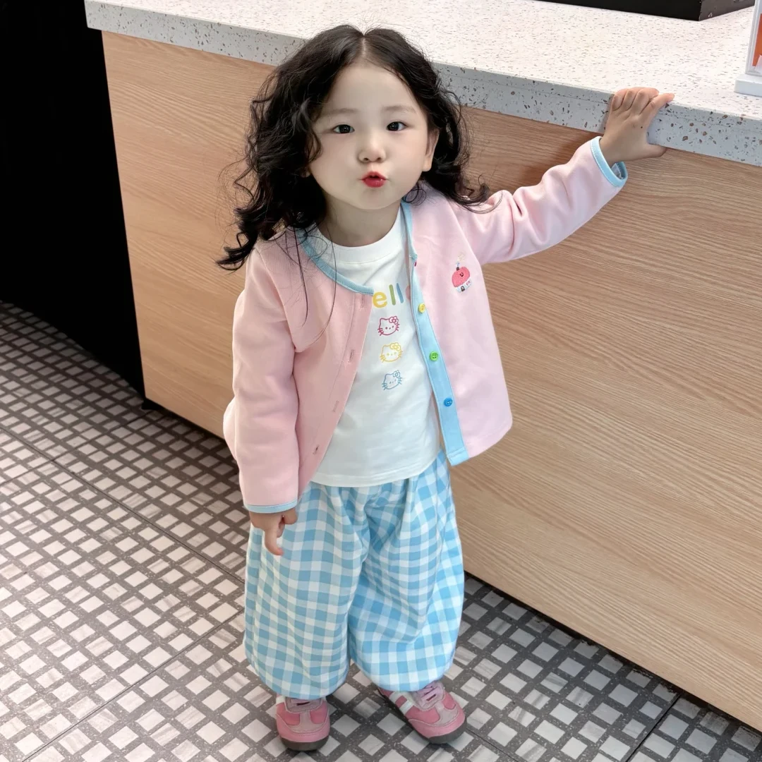 壹妈韩版童装女童早秋穿搭套洋气儿童白色kt猫上衣格子裤粉色外套