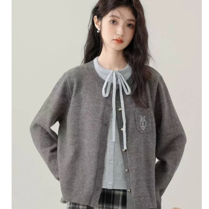 (9983)胖MM2024秋冬女百搭灰色学院风针织百搭长袖开衫假两件毛衣