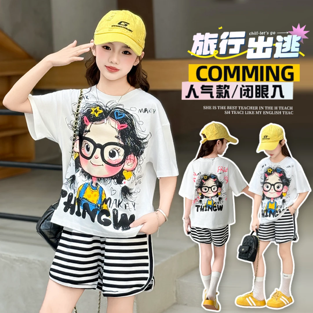 甜美风可爱卡通女孩趣味短袖大女童夏季新款涂鸦T恤条纹短裤套装