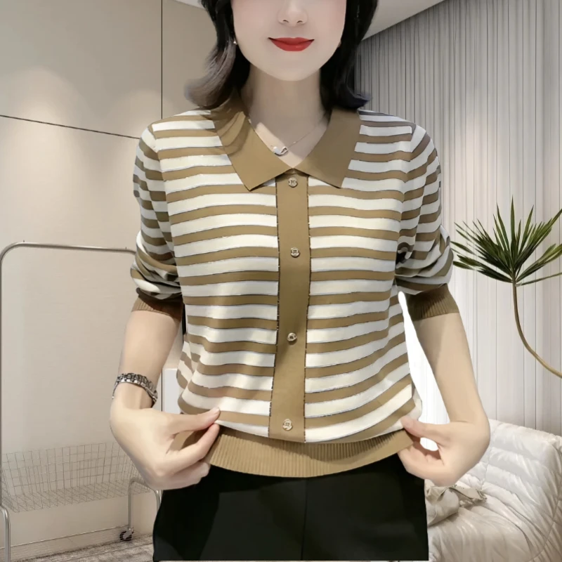 针织小衫妈妈装女2024秋冬新款高级感设计条纹遮肉显瘦打底衫