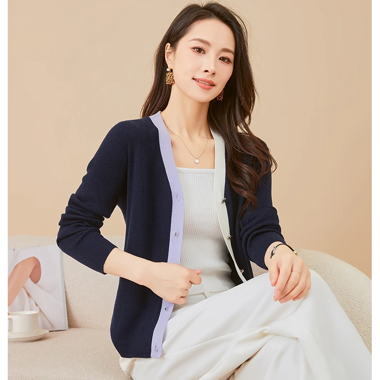 羊绒羊毛撞色时尚百搭V领女式针织衫24DAK1203