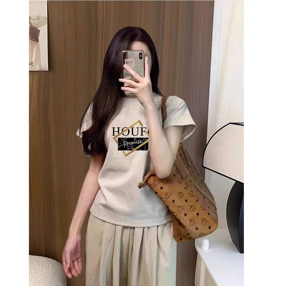 正肩圆领纯棉半袖女2025新款打底衫宽松休闲洋气薄款短袖上衣夏季