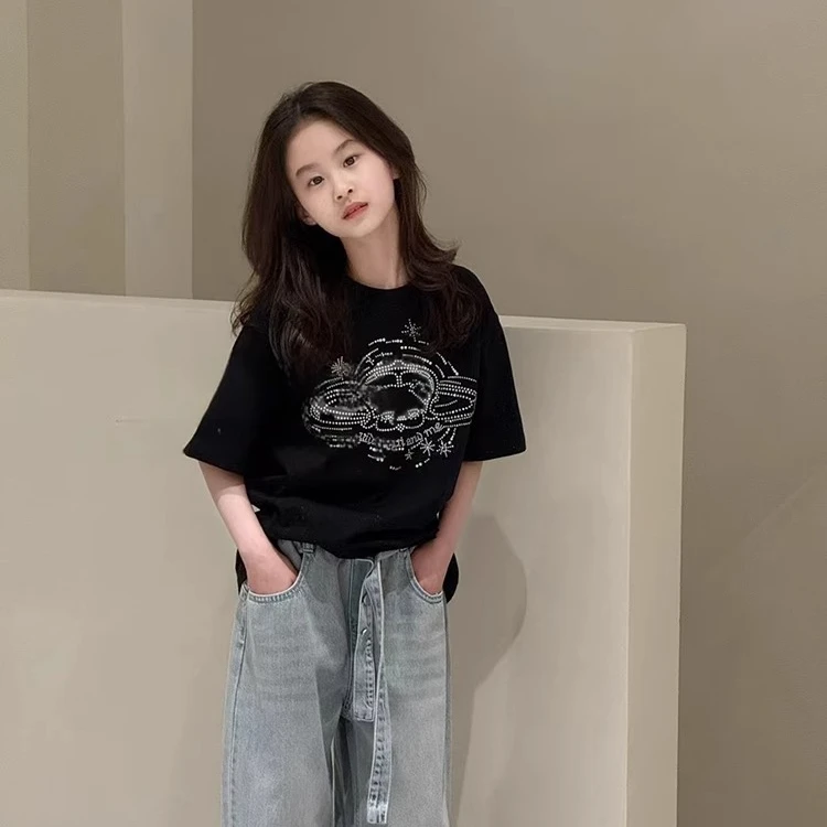 女童短袖T恤2025夏装新款儿童中大童宽松烫钻休闲上衣 T25289