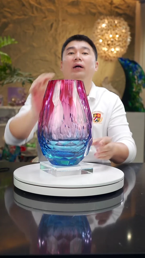手工艺品琉璃英***3福利金红蓝切面花瓶带伴手礼