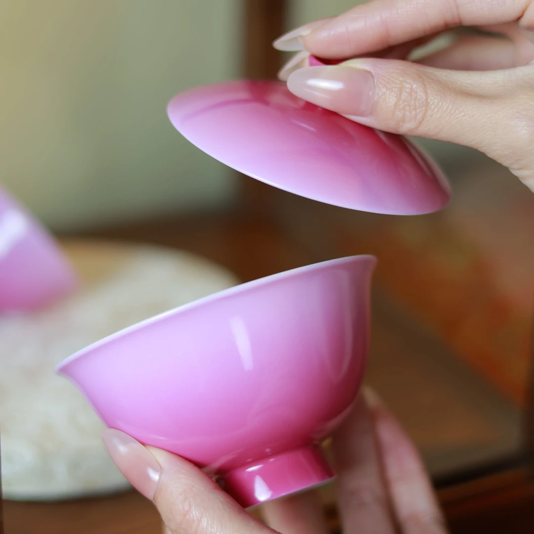 景德镇~景岚胭脂红渐变胭脂高足盖碗