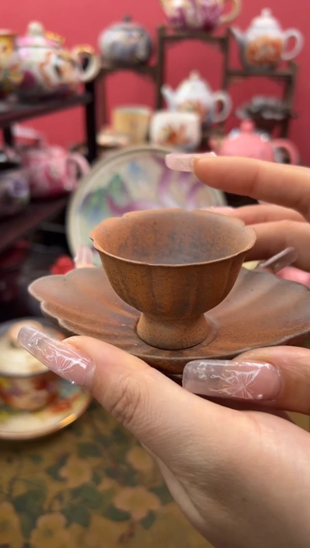 【闪购商品】素慕堂粗陶小高足花口杯套杯