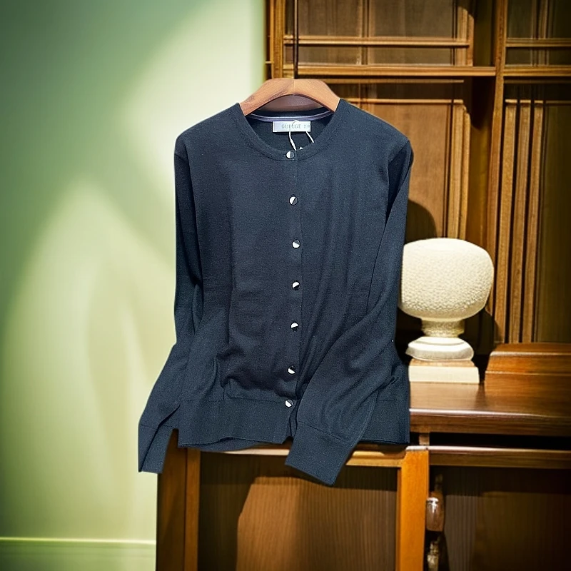 【精纺圆领女开衫纯色】68支*3打底针织100头道纯山羊绒百搭短款