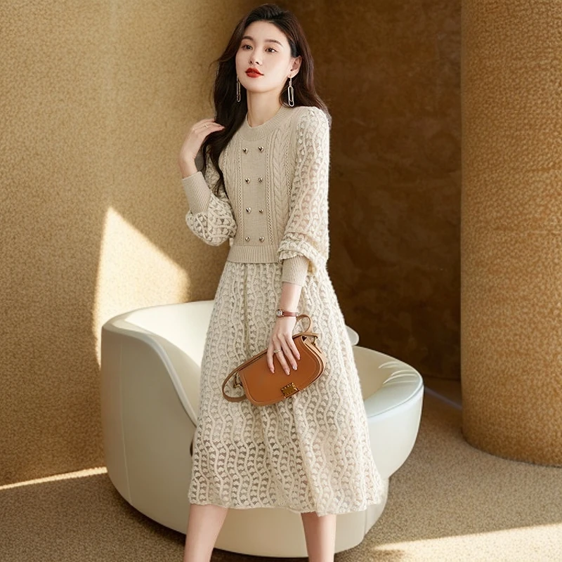 2025高档拼接连衣裙秋冬女装毛衣裙时尚假两件中长款针织过膝裙子