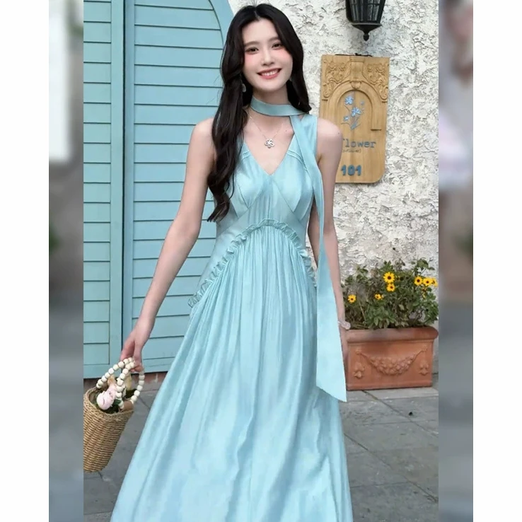 温柔风气质木耳边V领连衣裙女装2025夏季新款休闲法式超仙a字长裙