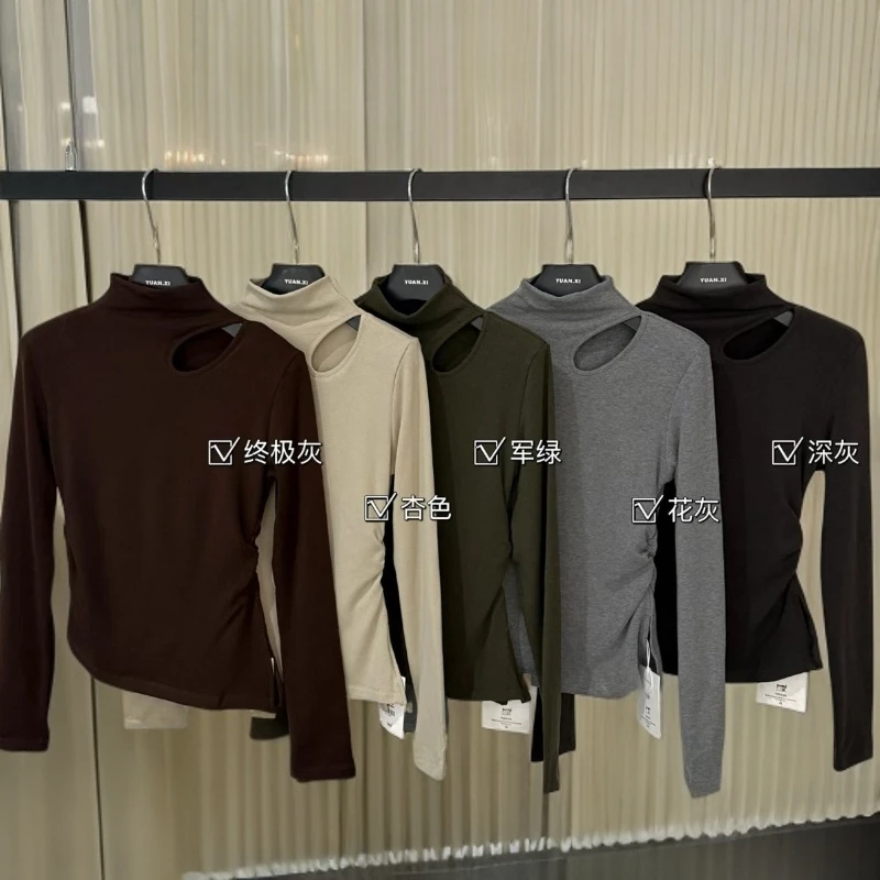 纯色半高领镂空女百搭韩系基础款磨毛面膜T恤紧身打底衫