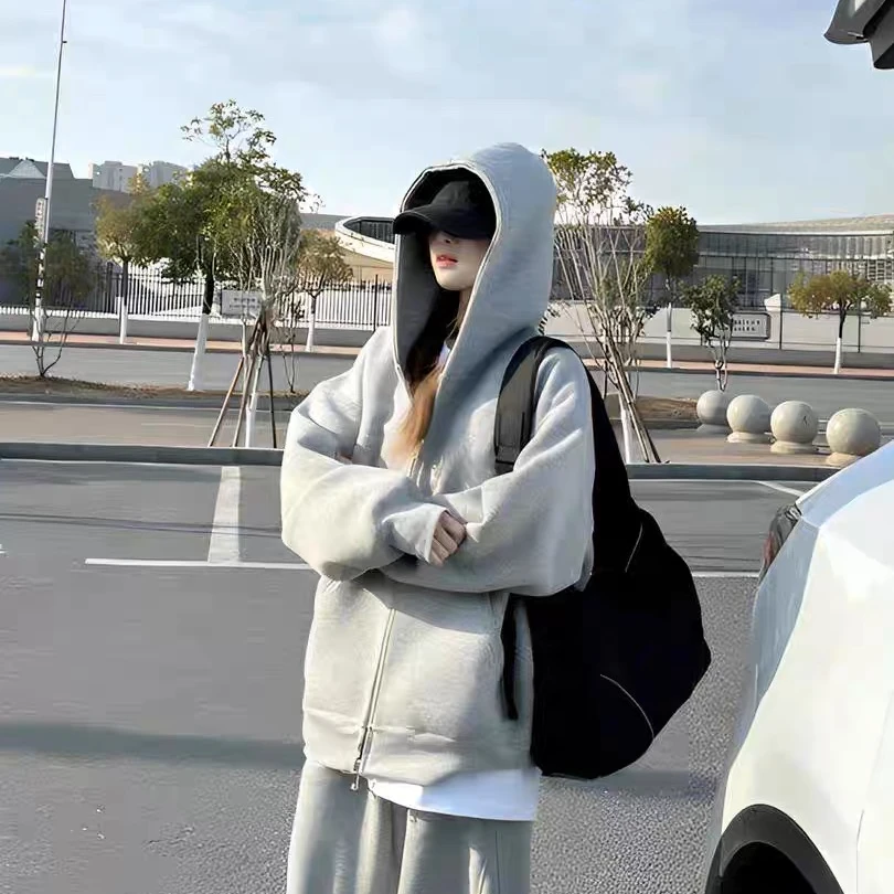 HandSeven重磅开衫卫衣纯色连帽外套男女2025秋冬慵懒拉链外套