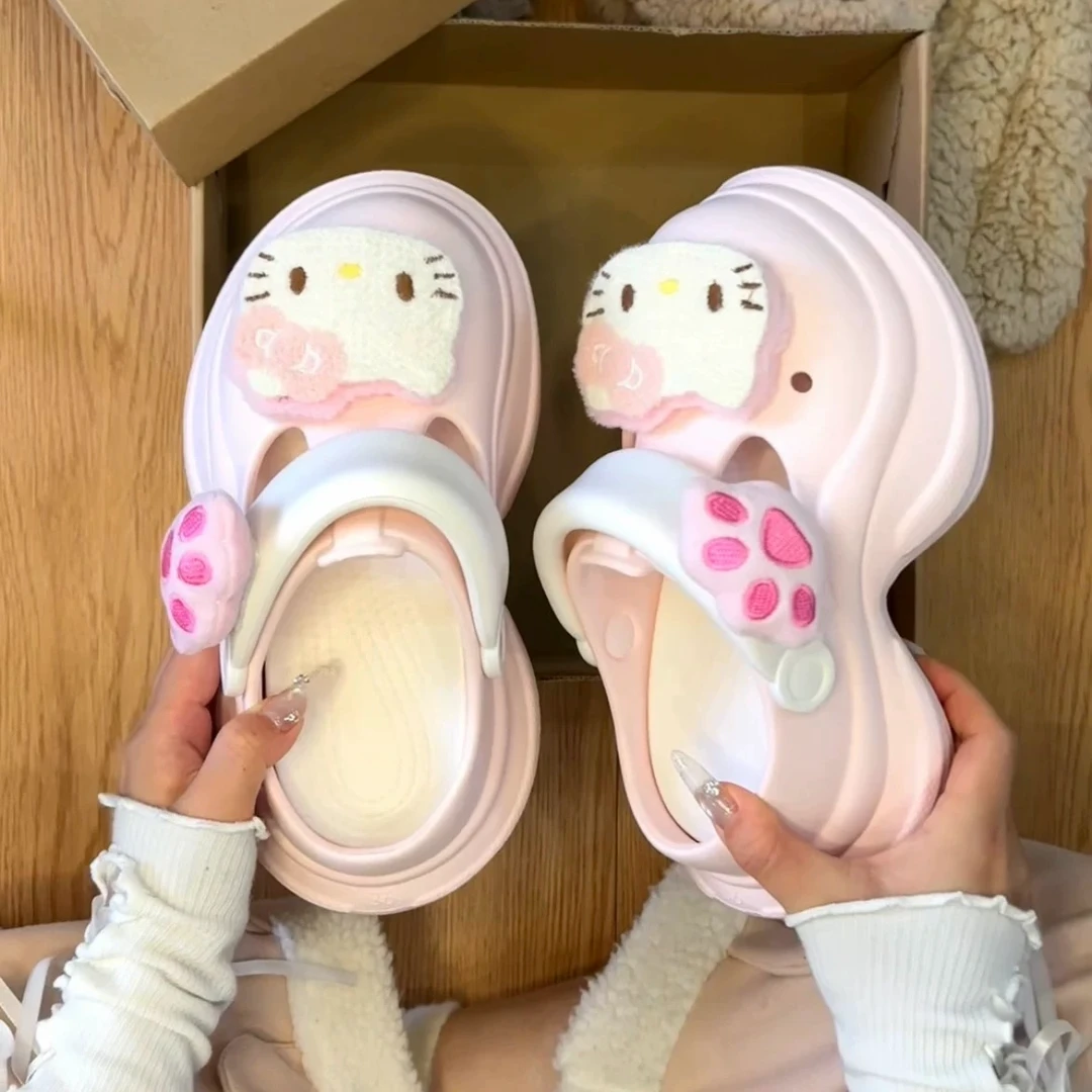 甜美卡通凯蒂猫厚底洞洞鞋女外穿2025春夏玛丽珍增高包头两穿凉鞋