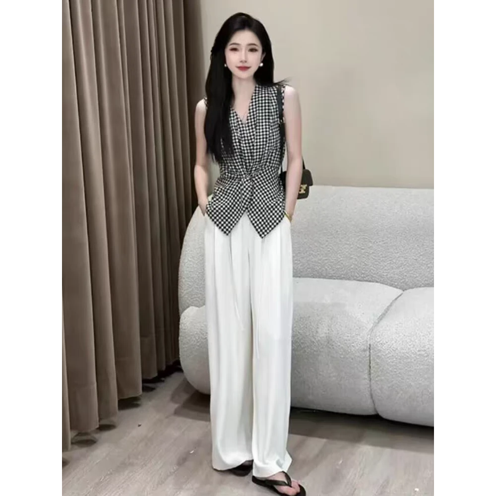 巨好看的夏日套装女韩系时尚减龄格子无袖背心上衣阔腿裤子两件套