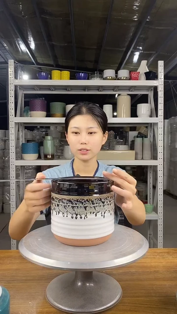 默认打孔陶瓷花盆宽高15-14微瑕