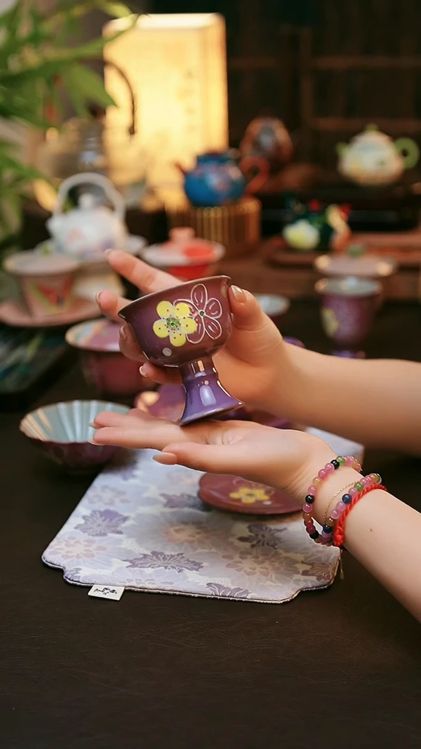 陶瓷茶具紫樱  高足圆口杯