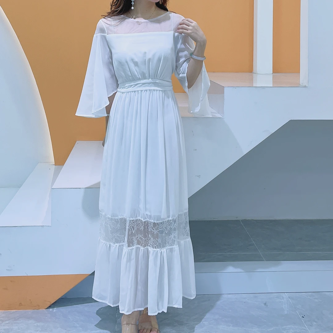 ［依易原创］小众气质修身拼接蕾丝度假风长裙A0402