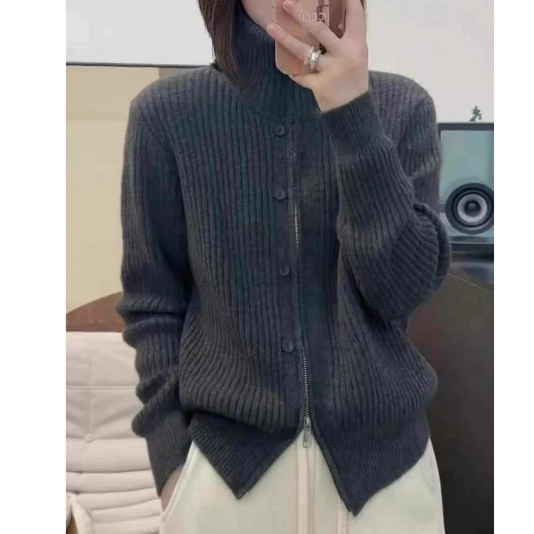 【纽扣拉链衫】加厚高领针织开衫毛衣秋冬休闲宽松慵懒风时尚针织衫