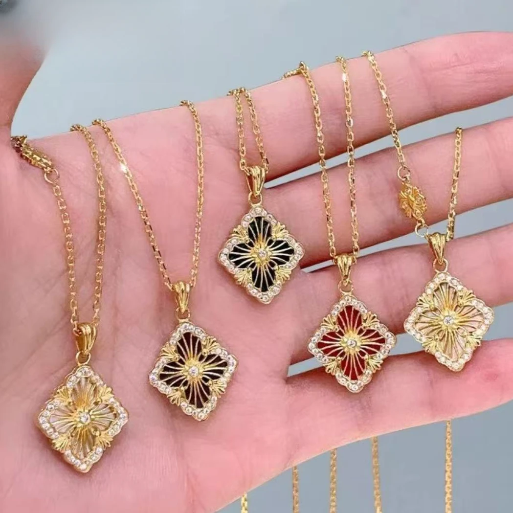 18K玫瑰金黄色菱形四草项链Au750项链