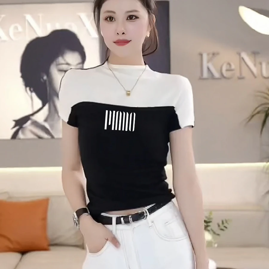 欧货时尚撞色半高领短袖t恤女2025春秋新款高级感气质修身上衣潮