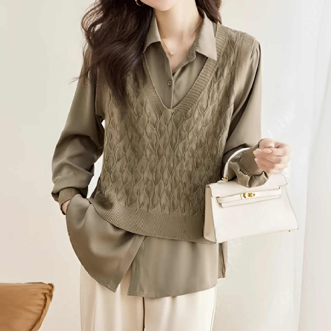 针织衫女新款秋季宽松长袖针织拼接衬衣假两件时尚百搭套头