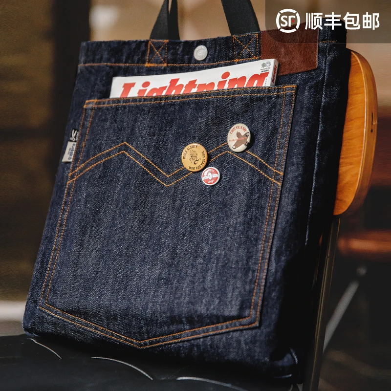 马登工装美式复古牛仔单肩斜挎包丹宁刺绣大容量手提平板托特包男