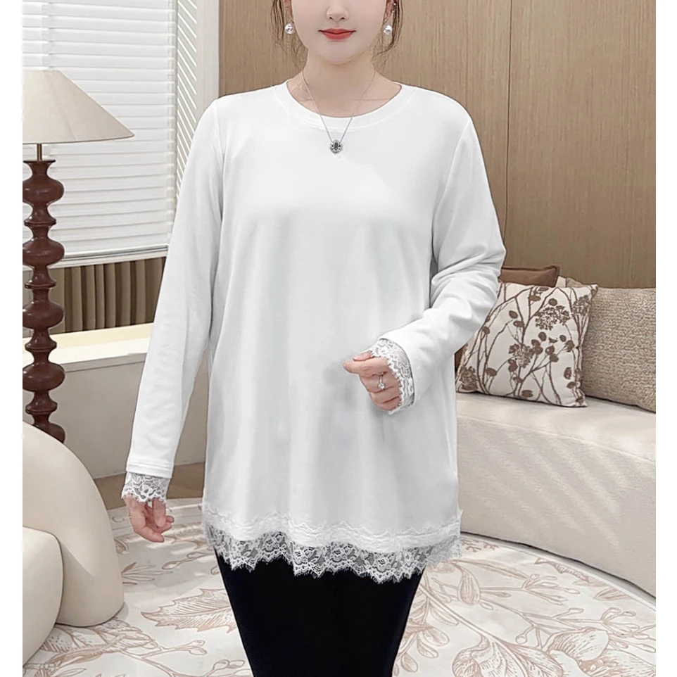 【蕾丝拼接T恤】MsShe大码女装春装圆领磨毛长袖上衣J~E2411103