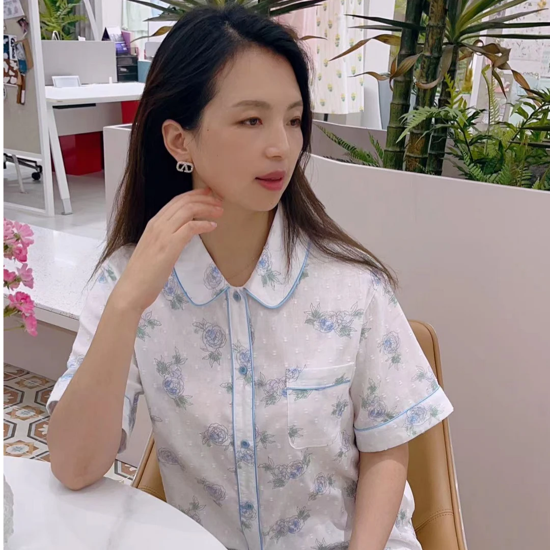 【怦然心动】夏季薄款纯棉女士睡衣阳光印染碎花短袖长裤家居服套装