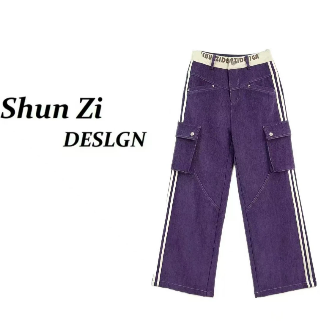 顺子/SZ9981 【紫气东来】潮牌新款时尚条杆显瘦拼接撞色窄版直筒裤