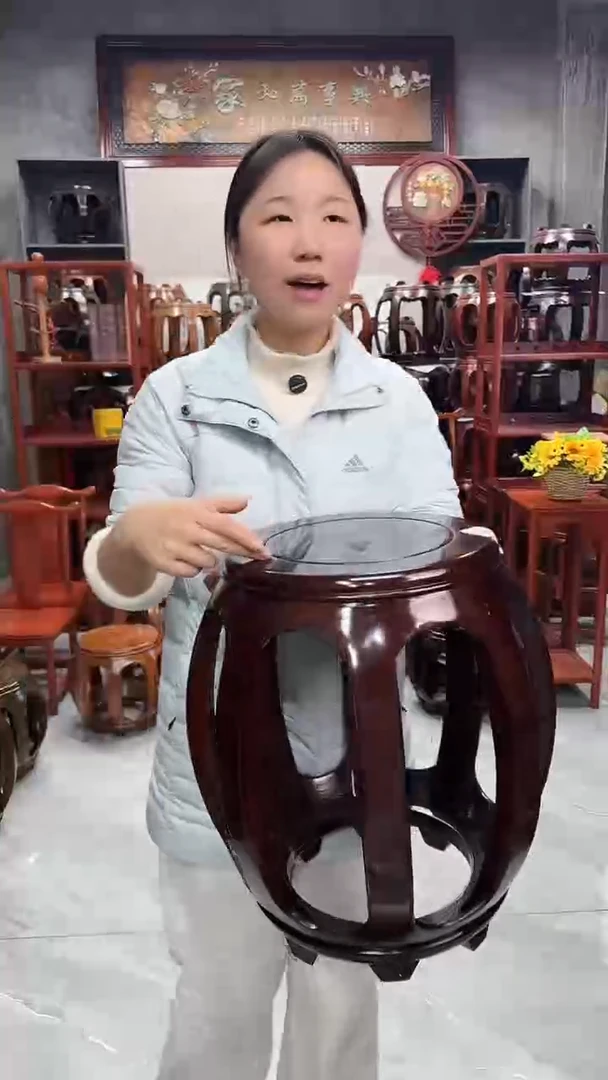 花梨木类家具【微瑕】 胡桃色大号鼓凳3号