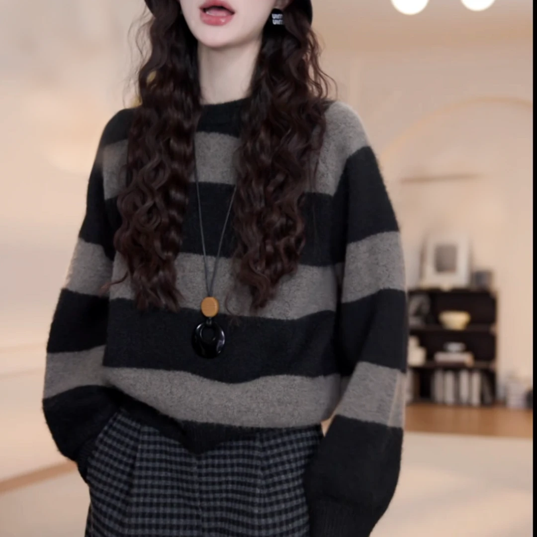 秋冬圆领条纹网红毛衣休闲宽松百搭冬季长袖时尚针织衫LK2508118