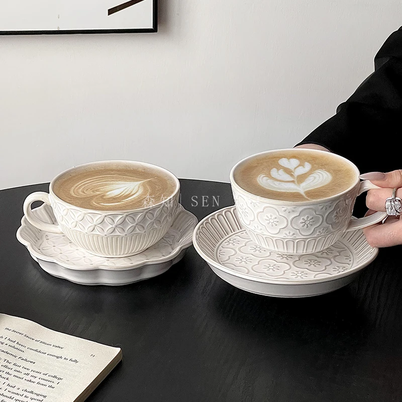 复古浮雕咖啡杯碟套装高颜值陶瓷拉花杯马克杯拿铁杯下午茶杯子