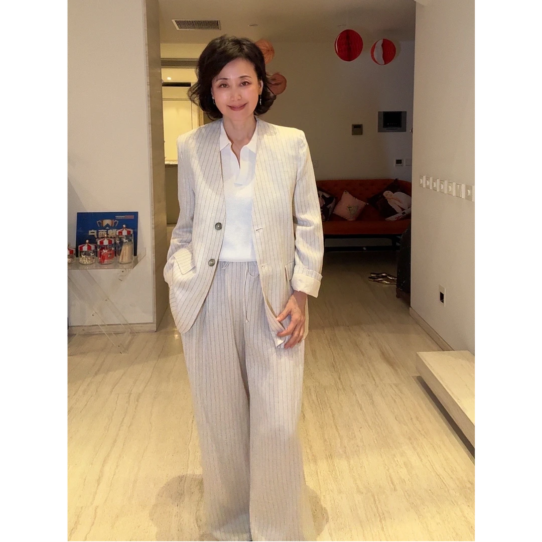 【维姐精选】EL 亚麻条无领西服套装